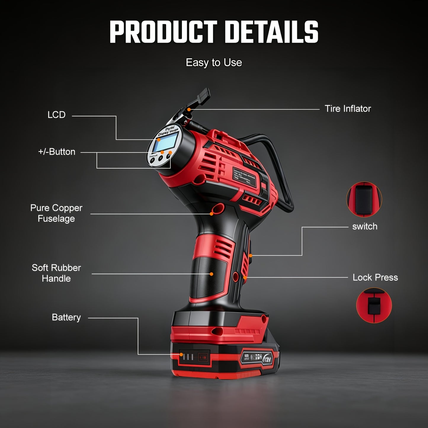 20V Portable Air Compressor, 980kPa Tire Inflator with Digital Display, Powered by NO/One/Two 1500mAh Rechargeable Battery, Includes 12V Car Adapter & Mini USB Connector, for Cars, Motorcycles, Bicycles, and Sports Balls
