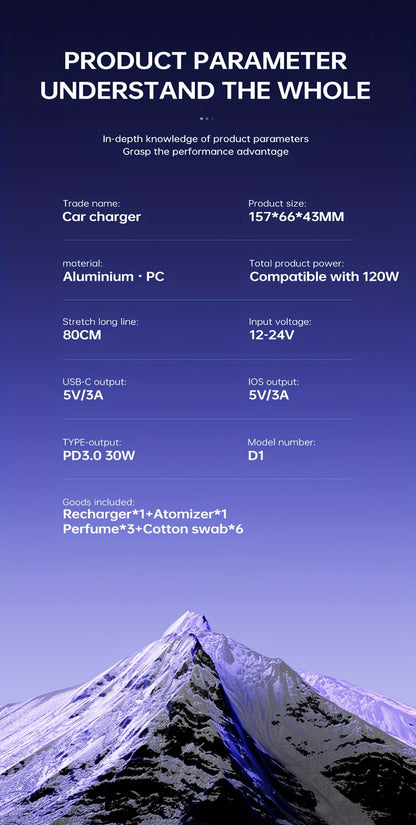 Three-In-One Multifunctional Car Charger, Perfume Machine, Starry Sky Ceiling Light, Dual 80cm/32inch Type-C+Lightning Retractable Cable, Air Freshener, Adapter For IPhone 16/15/Plus/Pro Max, For S25/24, Great Christmas Birthday Gift.