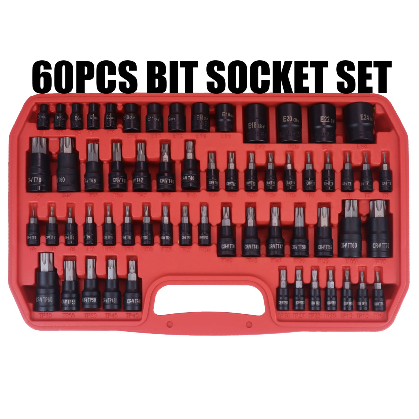 Impact Socket Bit Set 60Pc – E-Sockets E4-E24, Torx T/TT/TP Bits, 1/4 3/8 1/2 Drive, CrV Steel & S2 Bits, Comprehensive Size Collection