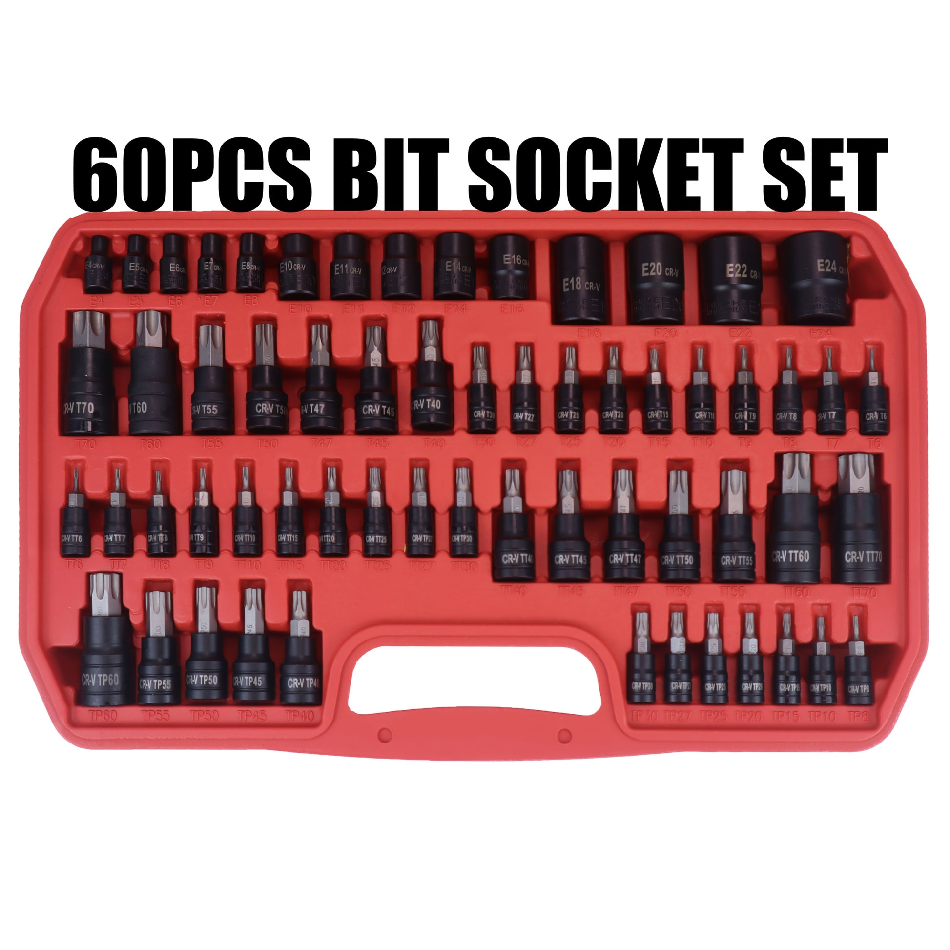 Impact Socket Bit Set 60Pc – E-Sockets E4-E24, Torx T/TT/TP Bits, 1/4 3/8 1/2 Drive, CrV Steel & S2 Bits, Comprehensive Size Collection