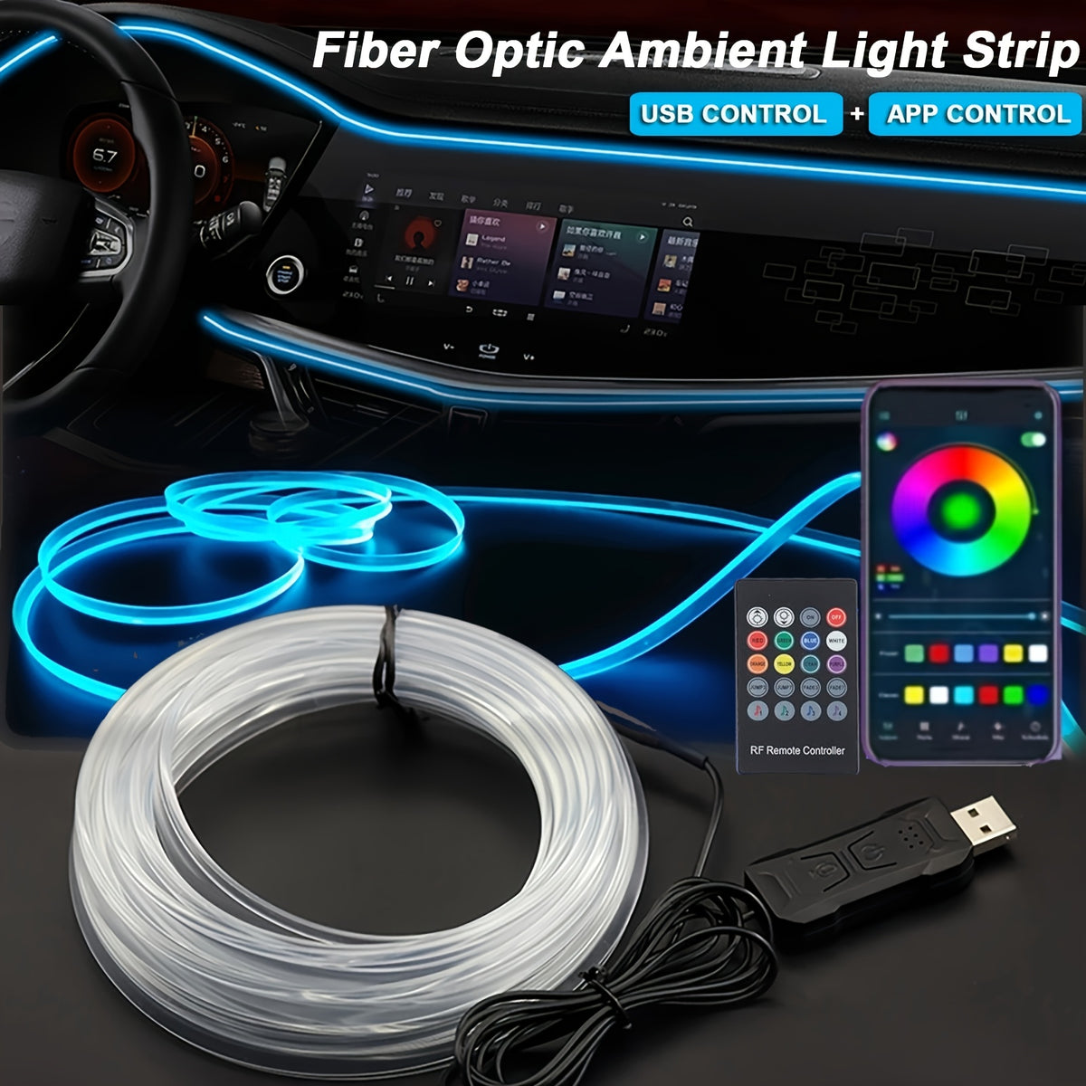 Car Interior Ambient Lighting Kit 3M RGB 7-Color LED Strip App & Remote Control Music Sync for Doors Console Dashboard Decoration