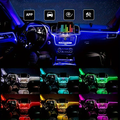 [APP Control LED Lights] RGB Car Accessories Neon Light With APP Control, 8-Color Changing (Dashboard + Roof Console), LED Car Lights, APP Application And USB Button With Voice Control RGB LED Automotive Ambient Lighting