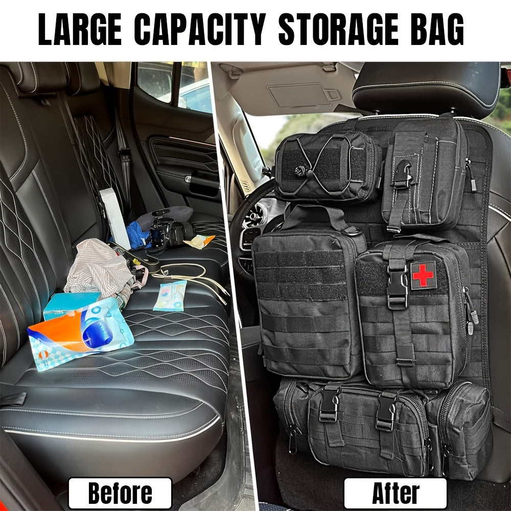 Car Seat Back Organizer with 5 MOLLE Pouches – Truck SUV Jeep Vehicle Panel Storage + 6 Keychains