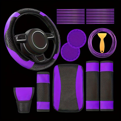 30pcs PU, Carbon Fiber Car Steering Wheel Cover, Car Air Outlet Decorative Strip Simple and Easy to Install, Universal Model