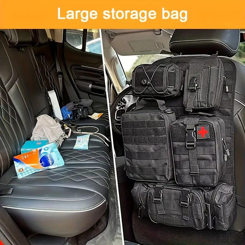 6pcs Set - Heavy-Duty MOLLE Tactical Car Seat Organizer Pouch with Adjustable Fasteners and Thickened Back Panel - Suitable for Jeeps, Trucks, SUVs - Premium Vehicle Storage System, Durable Nylon Bag for Gear, First Aid, and Tools - Car Trunk Lid