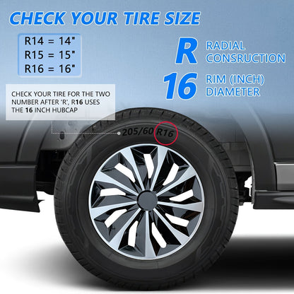 4X 16" Wheel Covers Snap On Hubcaps Full Hub Caps Fit for R15 Tire & Steel Rim, Premium Protection, Easy Installation, And Enhanced Aesthetice, Universal Compatible with Sedan, Truck, SUV, Coupe