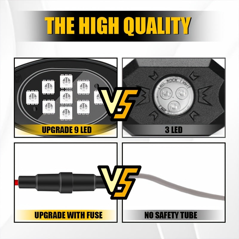 10pcs Upgraded RGB LED Rock Light Kit, Multicolor Underglow Kit For With APP Remote Control Music Mode, for Jeep UTV ATV SUV Accessory, Without Battery