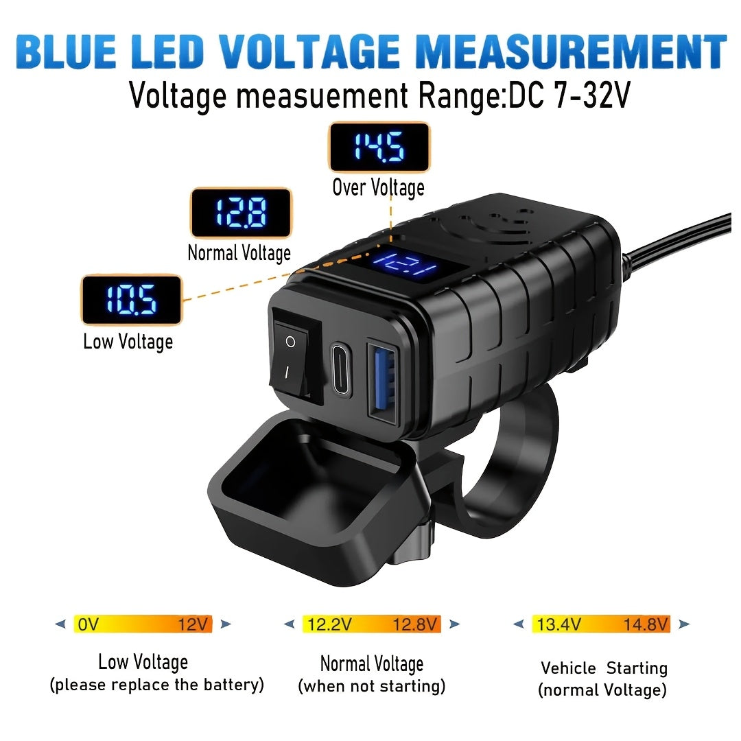 Motorcycle USB Charger Dual USB Type-C PD & Quick Charge 3.0 with Voltmeter & ON/OFF Switch – Fast Charging for Phone Tablet