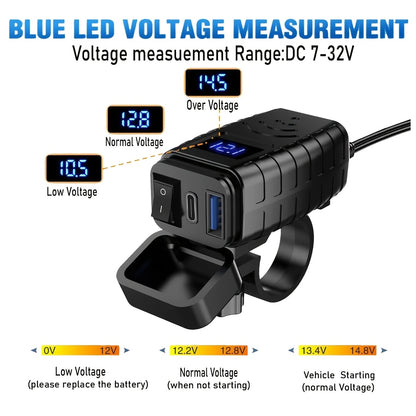 Motorcycle USB Charger Dual USB Type-C PD & Quick Charge 3.0 with Voltmeter & ON/OFF Switch – Fast Charging for Phone Tablet