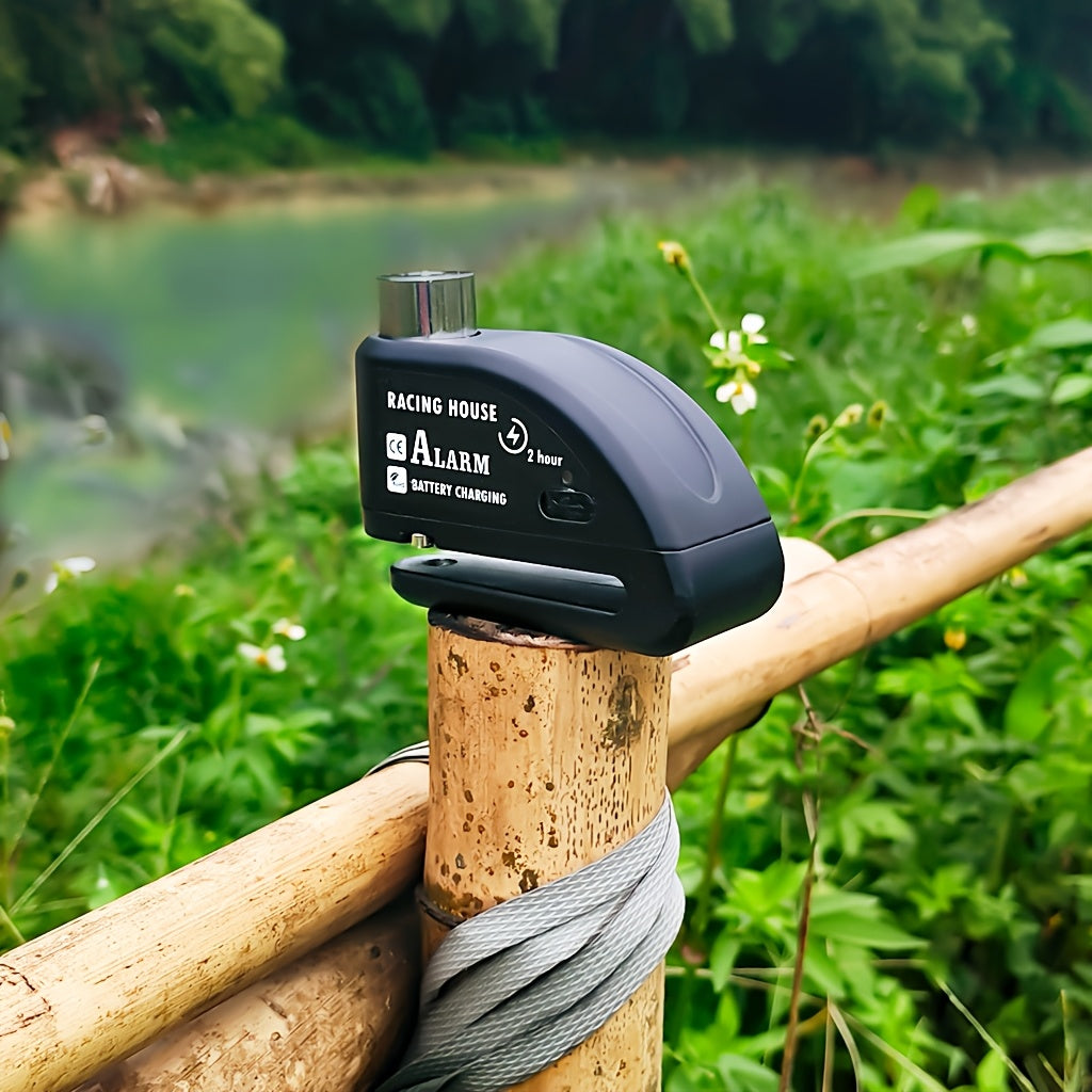 Motorbike Security Lock with a Disc Brake Mechanism, Featuring a 120Db Alarm System, a 500Mah Rechargeable Battery, And Includes a USB Charging Cable And Reminder Rope