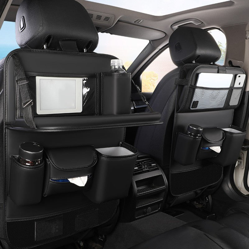 Fit PU Leather Car Seat Back Organizer with Multiple Compartments, Mesh Pockets & Laptop Holder - Foldable Travel Storage Bag for Car Interior Accessories