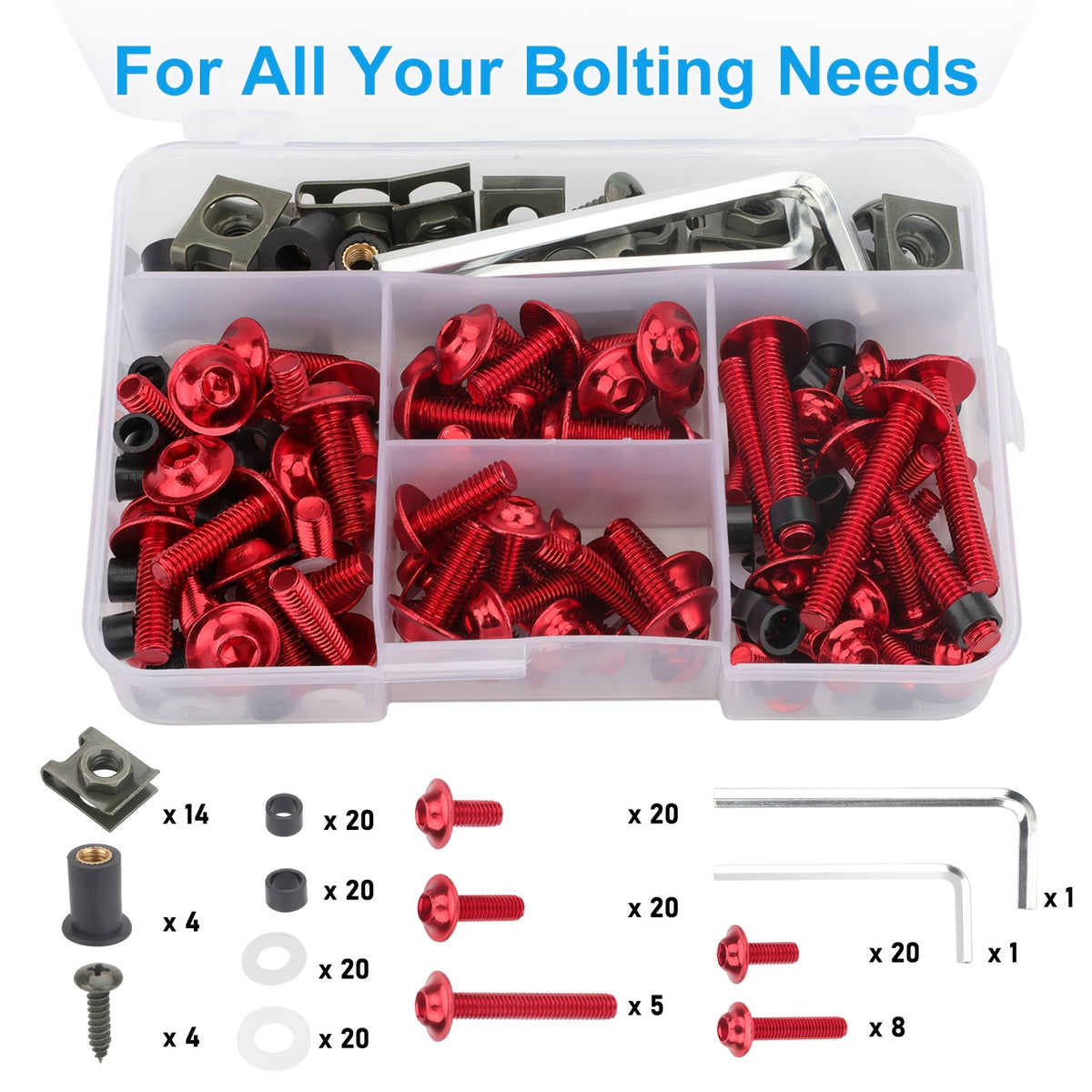 Motorcycle Fairing Bolt Kit 177pcs – CNC Anodized Aluminum Body Screws, Universal Fit | Black, Blue, Red