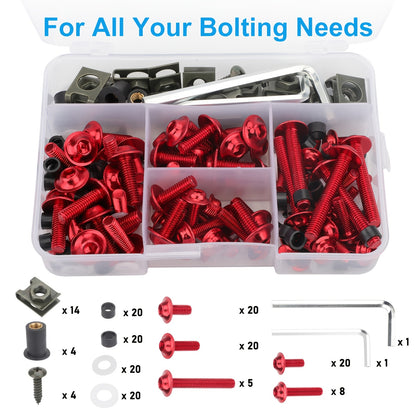 Motorcycle Fairing Bolt Kit 177pcs – CNC Anodized Aluminum Body Screws, Universal Fit | Black, Blue, Red