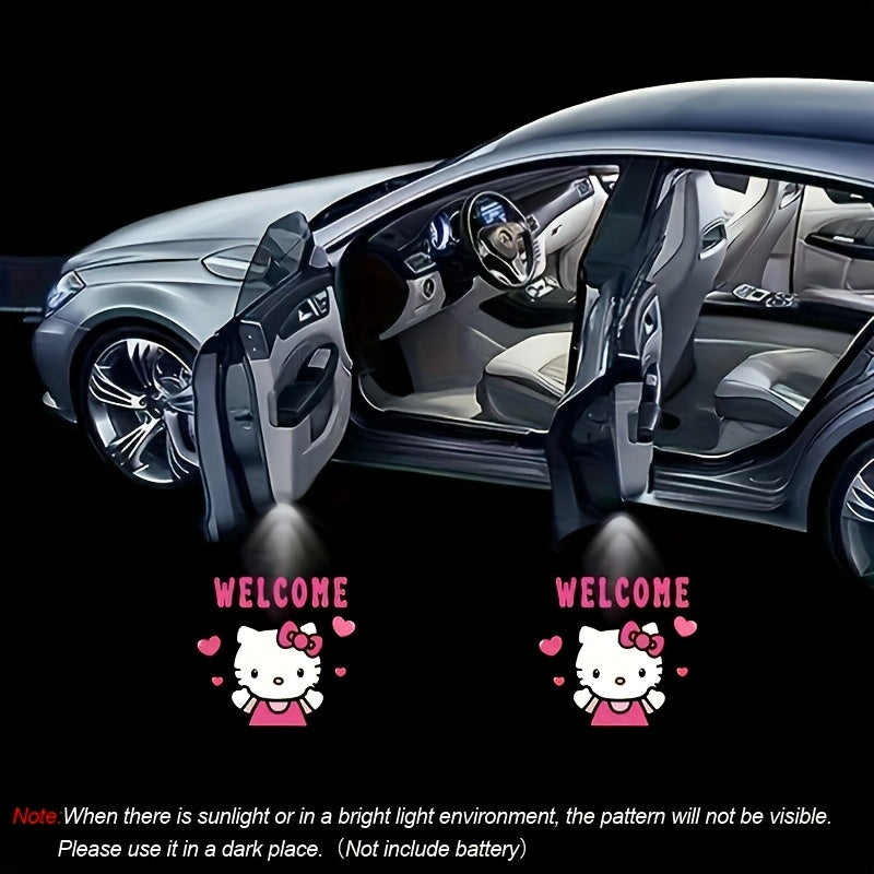 Set of 2 Sanrio Hello Kitty Car Door Lights, Featuring LED Projectors That Display a Cartoon Love Design. These Wireless LED Lights Create a Shadow Effect And Serve As Car Additions, Without Battery