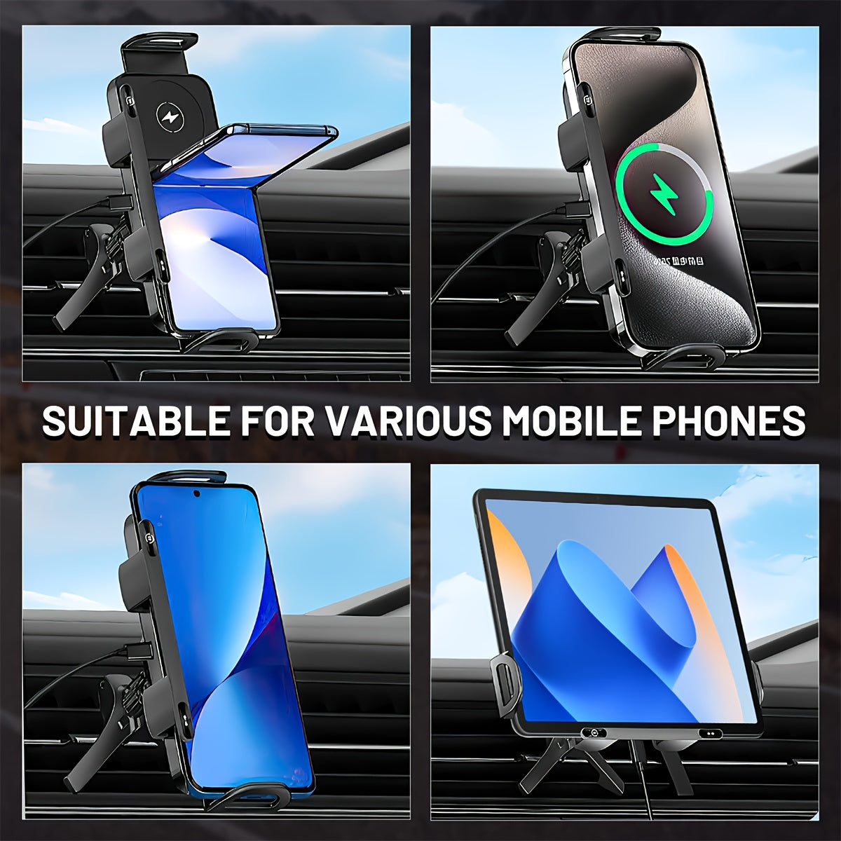 Car Holder with Wireless Fast Charging for Foldable Screen Phones Suitable for iPhone 8/X/11/12/13/14/15 Series, Samsung Note20/10/9/8 Series, S10/9/8 Series Fold 5, Fold 6/, W23/W24 Wireless Charging Output 5W/7.5W/10W/15W