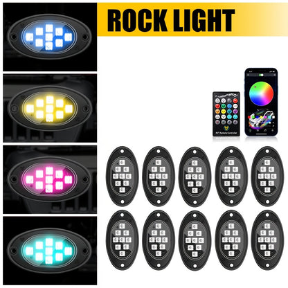 10pcs Upgraded RGB LED Rock Light Kit, Multicolor Underglow Kit For With APP Remote Control Music Mode, for Jeep UTV ATV SUV Accessory, Without Battery