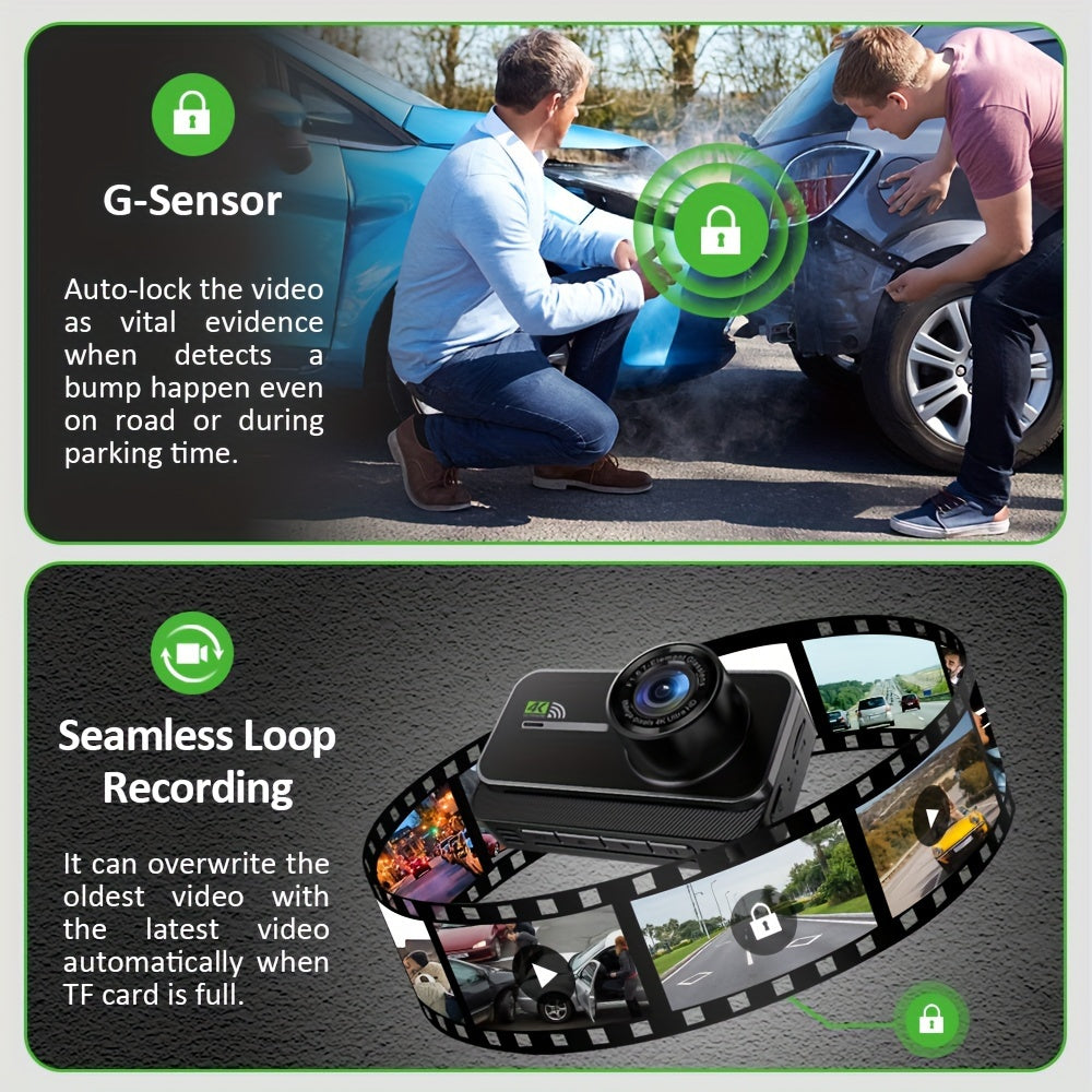 4K Dashboard Camera for Vehicles with WIFI, Video Recording Capabilities, Rear View Camera, Night Vision, And Parking Monitoring (Includes 64GB Memory Card)
