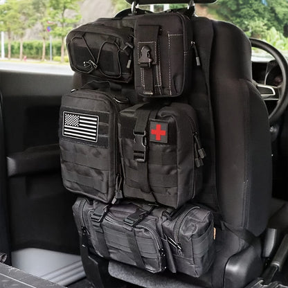 Car Seat Back Organizer with 5 MOLLE Pouches – Truck SUV Jeep Vehicle Panel Storage + 6 Keychains