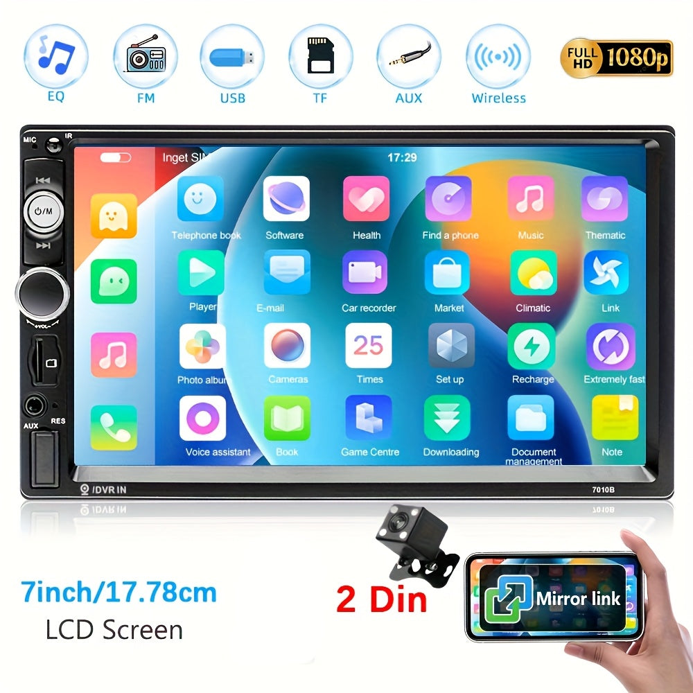 1pc Double Din EQ Car Stereo 7" LCD Screen with Wireless FM, MP5 Player with USB/SD/AUX Input with Mirror Link SWC, Portable Media Players with 4LED Backup Camera Christmas Gifts Black Friday Gifts