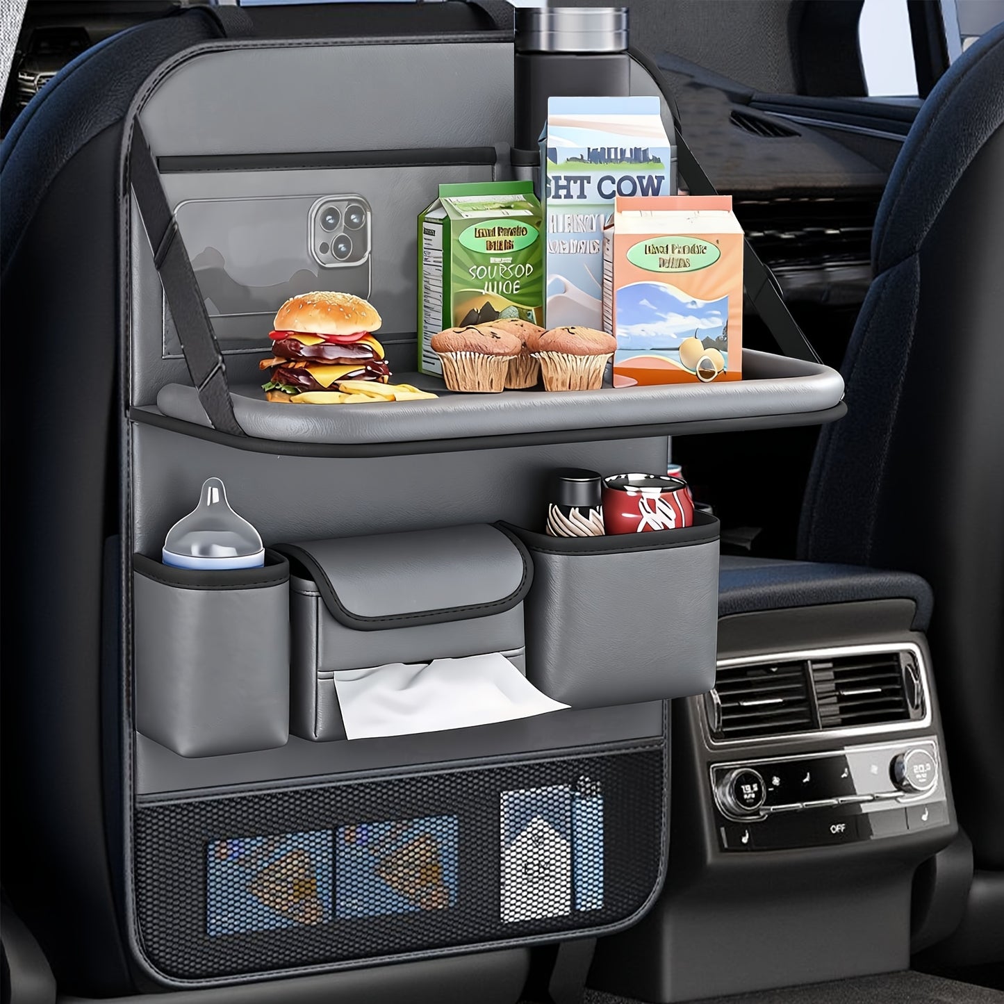 Universal Premium PU Leather Car Seat Back Organizer - Spacious Storage Bag with Back Seat Dining Table, Cup Holder, And Travel Accessories for A Comfortable Ride