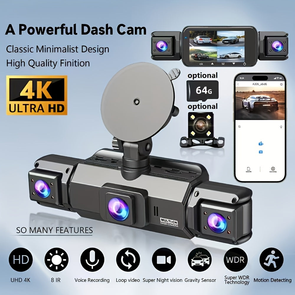 FOXGOD Dash Cam for Cars, 3/4-Channel 4K+1080P HD Ultimate Safety Driving Recorder Set, Front 4K or So Rear 1080P, Super Night Vision, WDR, G Sensor, Circular Video, Optional Memory Card and Lens - Safe Driving Black Box