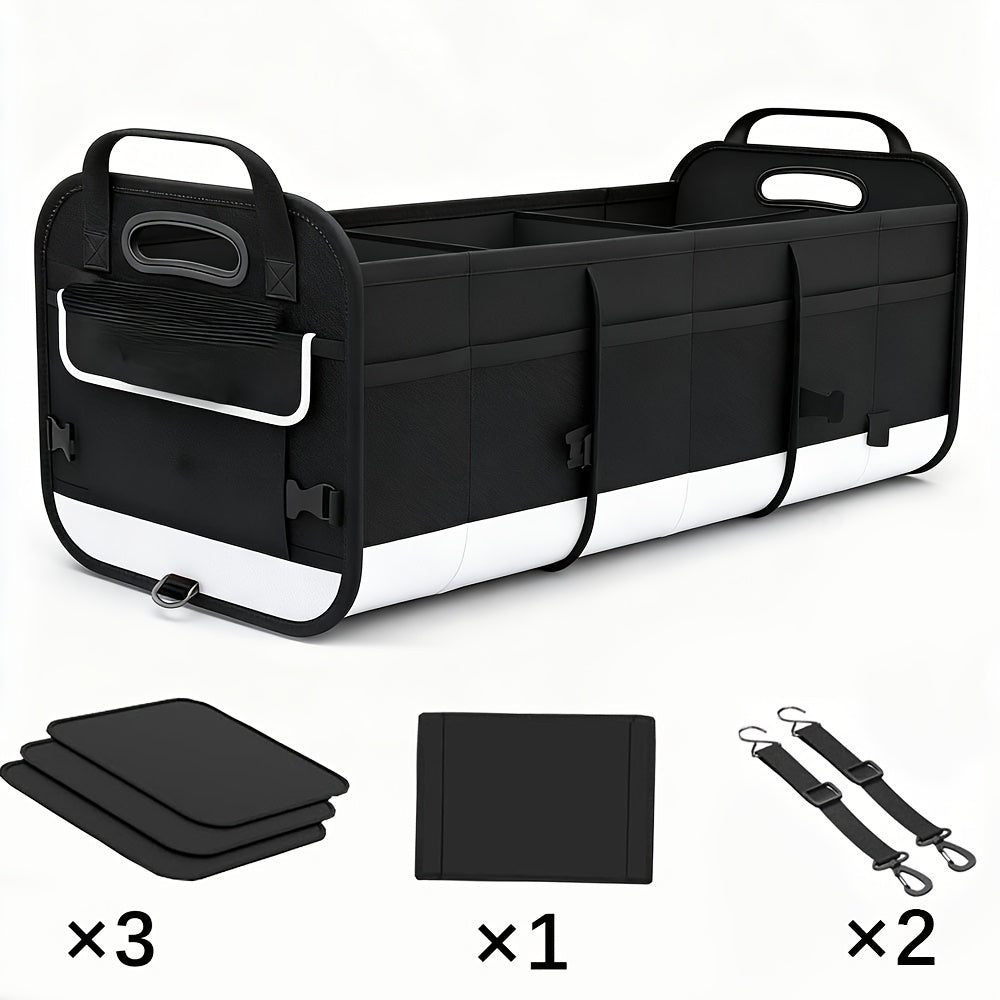 Foldable 25.1gal Car Trunk Organizer | Multi-Compartment Storage with 4 Compartments and 2 Retractable Straps, Ideal for Travel, Camping, Shopping, Fits SUVs, Trucks, Minivans