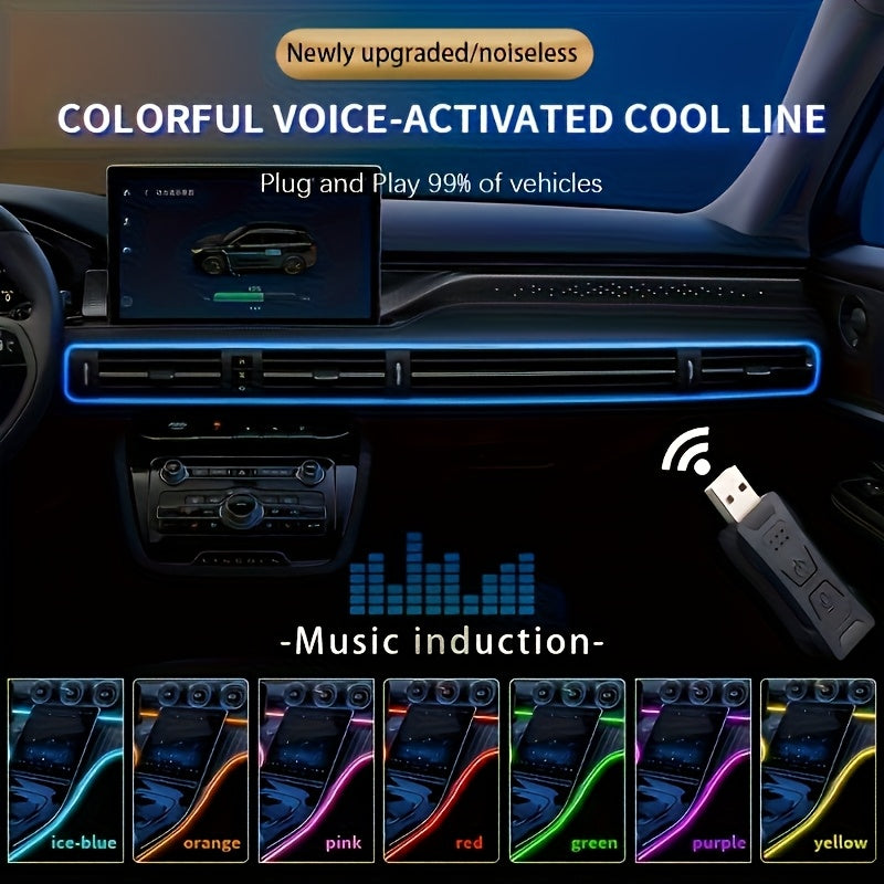 RGB Car Interior LED Light Kit, USB Powered with App & Remote Dual Control, Music Sync Fiber Optic Strip Lights for Dashboard & Door, Battery-Free Ambient Atmosphere Christmas Decorative Lighting, Easy Installation, DIY Car Mod