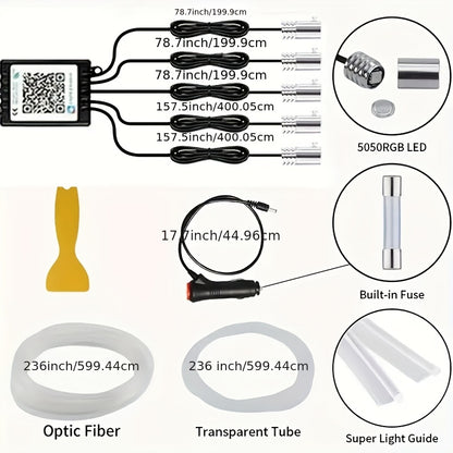 1 Set 236 Inches RGB 5in 1 Ambient LED Strip Lights Kit- Wireless App Controlled, 16 Million Colors, Sync to Music,  12V, Room Electrical/Hard Wiring, for Motor Vehicles, with Fiber Optic Cable