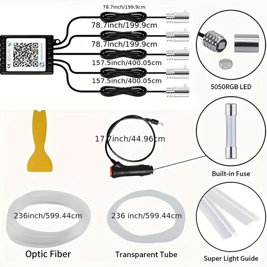1 Set 236 Inches RGB 5in 1 Ambient LED Strip Lights Kit- Wireless App Controlled, 16 Million Colors, Sync to Music,  12V, Room Electrical/Hard Wiring, for Motor Vehicles, with Fiber Optic Cable