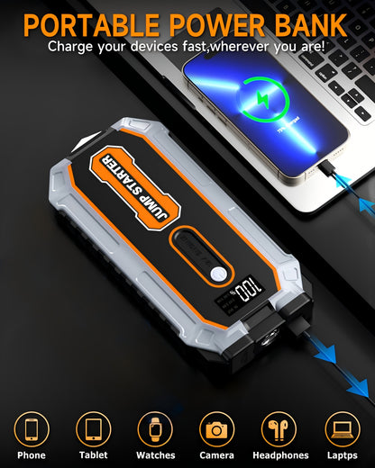 6000A Peak All-in-One Heavy-Duty Jump Starter with USB Ports & LED Flashlight - 12V Lithium-Ion Fast-Charging Portable Power Bank, Compact & Portable with Safety Hammer, 12V for Cars, SUVs, Trucks, Motorcycles, Boats, RVs, ATVs, Emergency Use
