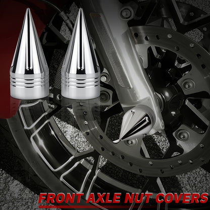 Motorcycle Front Axle Nut Covers CNC Spike Caps 3.6" – Fits Harley Touring Street Glide Road King Electra Glide Tri Glide 2008+, Black & Silver, Pair