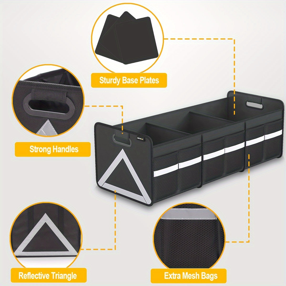Heavy Duty Foldable Trunk Organizer with Multi Pockets & Reflective Stripe - Collapsible Storage for Car, SUV, Minivan, Trunk Space Saver, Easy Access Design, Secure Zipper Closure