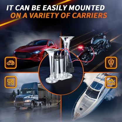 130dB Double Tube Air Horn 12V/24V, Aluminum Alloy Construction with Compressor Included, Super Loud for Trucks, SUVs, Boats, Quick Connect Installation