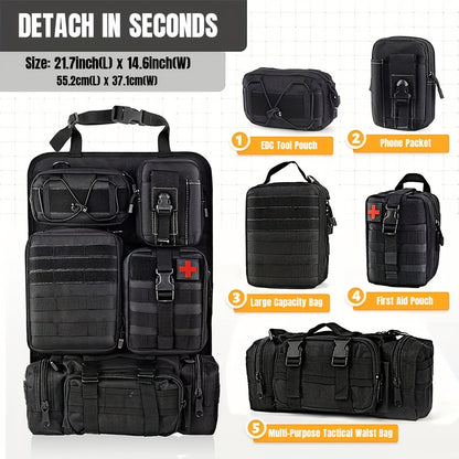 Car Seat Back Organizer with 5 MOLLE Pouches – Truck SUV Jeep Vehicle Panel Storage + 6 Keychains