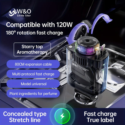 Three-In-One Multifunctional Car Charger, Perfume Machine, Starry Sky Ceiling Light, Dual 80cm/32inch Type-C+Lightning Retractable Cable, Air Freshener, Adapter For IPhone 16/15/Plus/Pro Max, For S25/24, Great Christmas Birthday Gift.