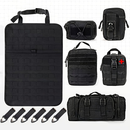 Car Seat Back Organizer with 5 MOLLE Pouches – Truck SUV Jeep Vehicle Panel Storage + 6 Keychains