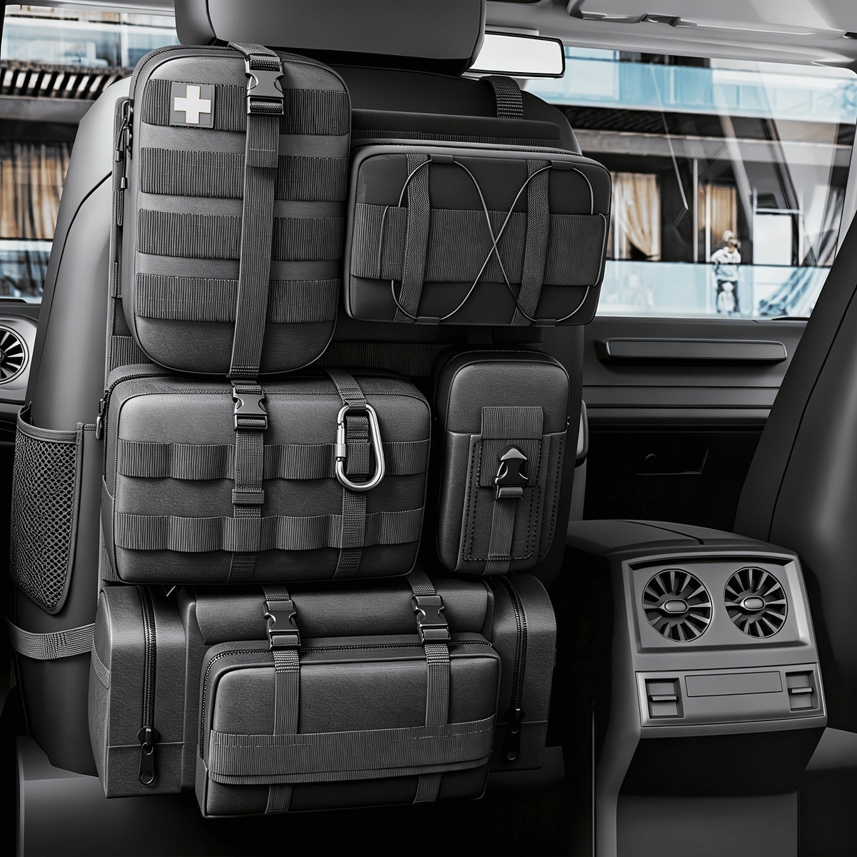 MOLLE Tactical Car Seat Organizer 5-Pocket – Heavy-Duty Nylon Seat Back Storage Bag | Universal Fit Jeep Truck SUV Off-Road Black