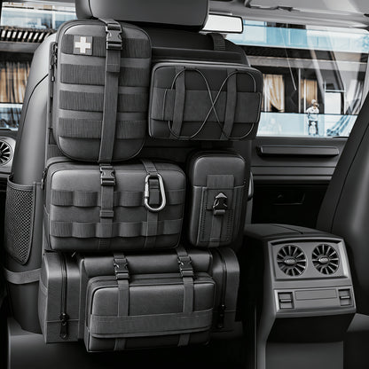 MOLLE Tactical Car Seat Organizer 5-Pocket – Heavy-Duty Nylon Seat Back Storage Bag | Universal Fit Jeep Truck SUV Off-Road Black
