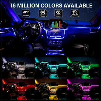 1 Set 236 Inches RGB 5in 1 Ambient LED Strip Lights Kit- Wireless App Controlled, 16 Million Colors, Sync to Music,  12V, Room Electrical/Hard Wiring, for Motor Vehicles, with Fiber Optic Cable