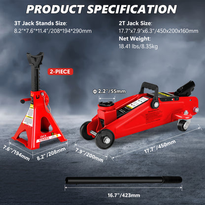 2/2.5/3 Ton Capacity, Jack Kit Low Profile Hydraulic Trolley Service/Floor Jack Combo, Multiple Meal Plans to Choose from 3 Ton Jack Stands 2PCS, Tire Repair Kit, 14-inch Wheel Cross Wrench, Wheel Chock, Jack Accessories Red/Blue