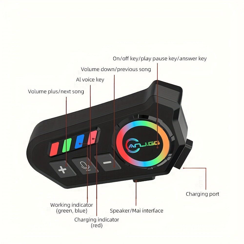 Motorcycle Helmet Headset 1000mAh, Wireless Intercom for Riders, Hands-Free Calls & Music, Voice Control, Noise Cancelling, HD Speakers, Long Battery Life