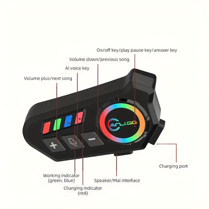 Motorcycle Helmet Headset 1000mAh, Wireless Intercom for Riders, Hands-Free Calls & Music, Voice Control, Noise Cancelling, HD Speakers, Long Battery Life