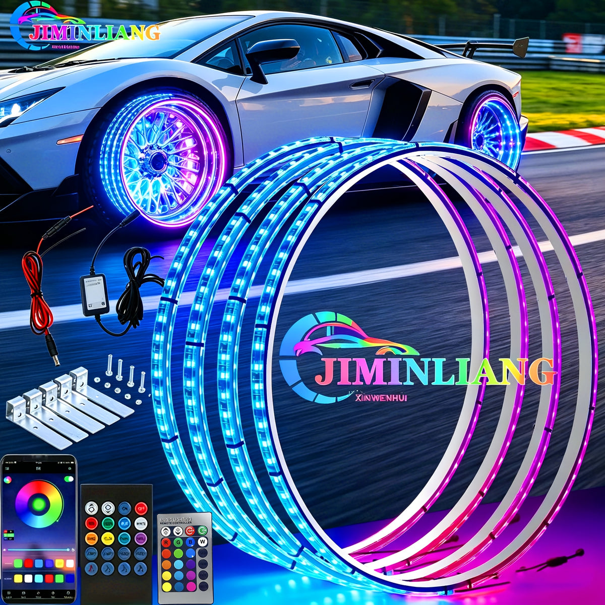 LED Wheel Ring Lights with Remote Control – 7-Color Flashing Modes, Car Rim Light Kit for Truck SUV Pickup Offroad Vehicle, USB LED Strip Option