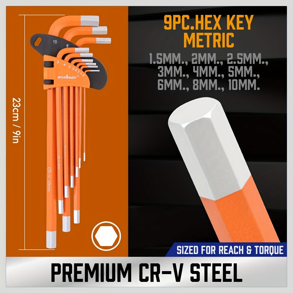 HORUSDY Hex Key Allen Wrench Set Ball End Torx Key Metric (1.5mm-10mm) & SAE (1/16"-3/8") Industrial Grade with Color Coding with T-Handle for Bicycle Repair Household DIY Chrome Vanadium Steel