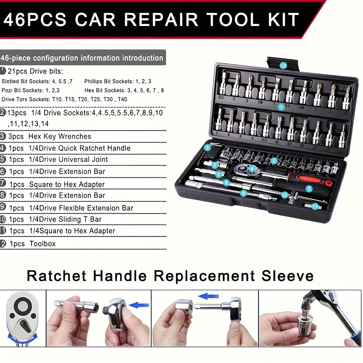 46pcs/53pcs Tool Collection • 1/2 Inch, 1/4 Inch, And 3/8 Inch Drive Depth And Standard Wrench Set • Auto Parts Repair Ratchet Wrenches And Various Other Automotive Tools • Suitable for Automotive And Bicycle Repairs • Christmas Gift