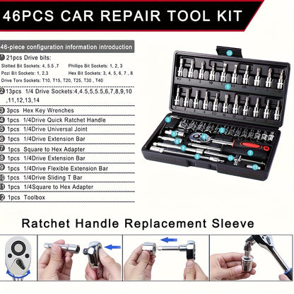 46pcs/53pcs Tool Collection • 1/2 Inch, 1/4 Inch, And 3/8 Inch Drive Depth And Standard Wrench Set • Auto Parts Repair Ratchet Wrenches And Various Other Automotive Tools • Suitable for Automotive And Bicycle Repairs • Christmas Gift