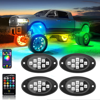 RGB LED Rock Lights With App/Remote Control & Timing & Music Mode Rock Lights For Trucks, Rock Light Kits For ATV RZR UTV SUV Off Road Motorcycle, Without Battery