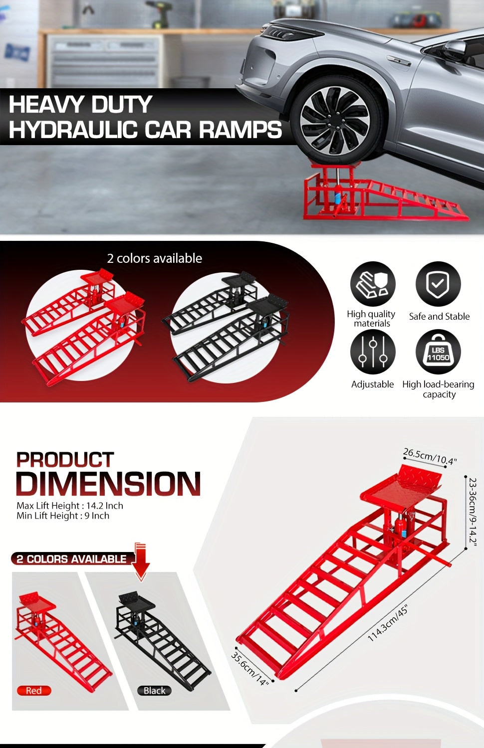 2 Pack Hydraulic Car Ramps, 11050LBS 5T Car Ramp High Lift 9"-14.2", Heavy-duty Iron-made Vehicle Lift Ramp, Automotive Truck Service Ramps For Oil Changes Support Jack For Maintenance