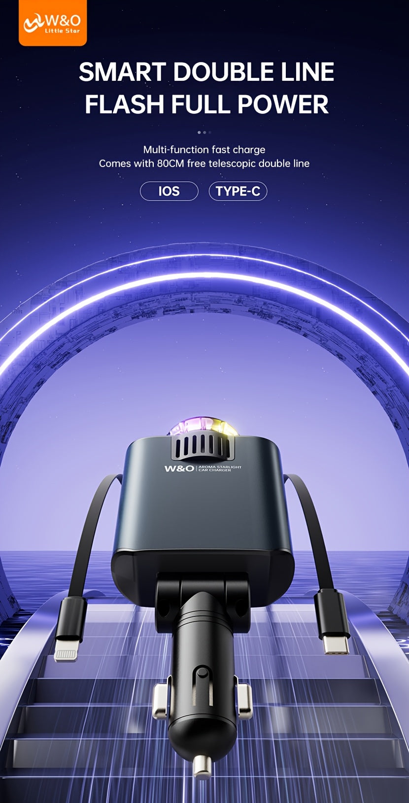 Three-In-One Multifunctional Car Charger, Perfume Machine, Starry Sky Ceiling Light, Dual 80cm/32inch Type-C+Lightning Retractable Cable, Air Freshener, Adapter For IPhone 16/15/Plus/Pro Max, For S25/24, Great Christmas Birthday Gift.