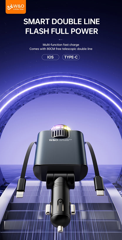 Three-In-One Multifunctional Car Charger, Perfume Machine, Starry Sky Ceiling Light, Dual 80cm/32inch Type-C+Lightning Retractable Cable, Air Freshener, Adapter For IPhone 16/15/Plus/Pro Max, For S25/24, Great Christmas Birthday Gift.